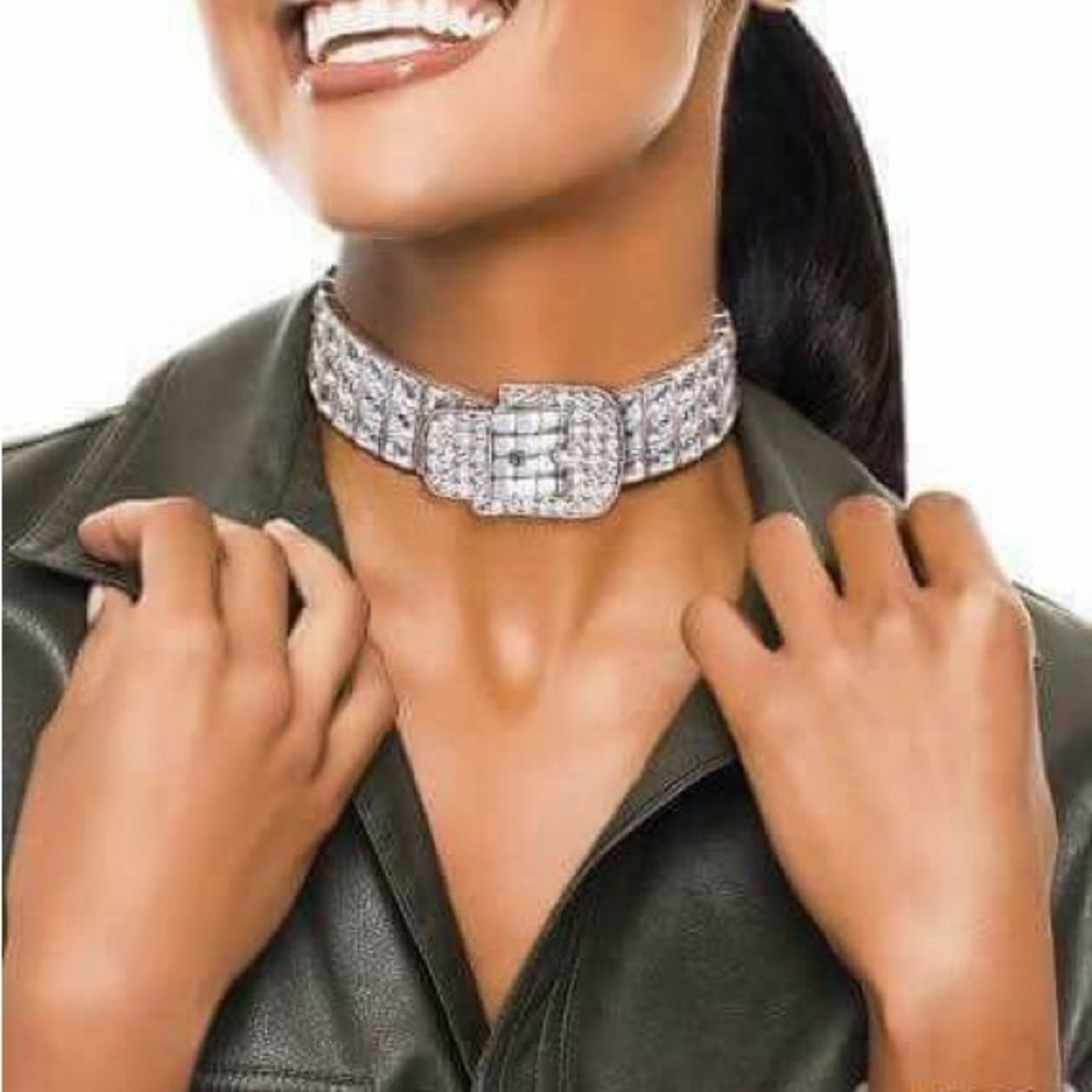 Traci Lynn Silver Buckle Up Crystal Choker Necklace and Bracelet Set